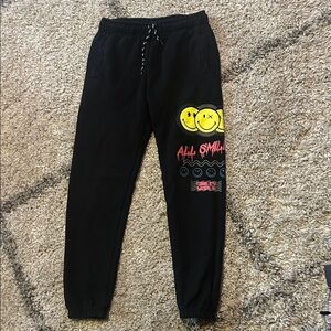 Smiley World black/multi color jogger pants w/ side pockets size 10/12